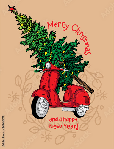 Christmas red scooter vintage sketch with a christmas tree