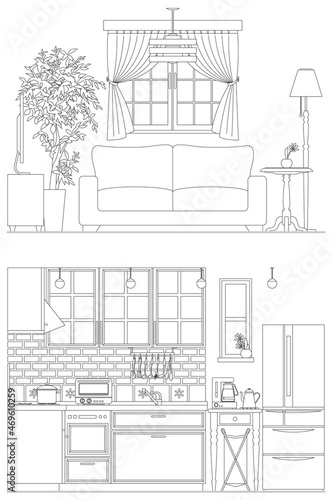 インテリアの線画ベクターイラスト. キッチンとリビングルーム.