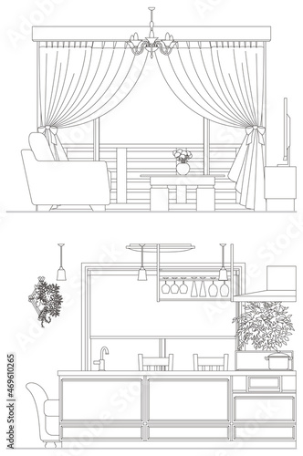 インテリアの線画ベクターイラスト. キッチンとリビングルーム.