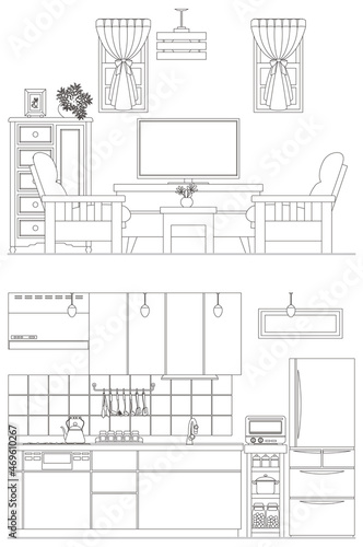 インテリアの線画ベクターイラスト. キッチンとリビングルーム.