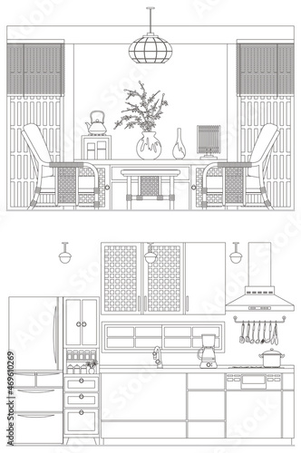 インテリアの線画ベクターイラスト. キッチンとリビングルーム.
