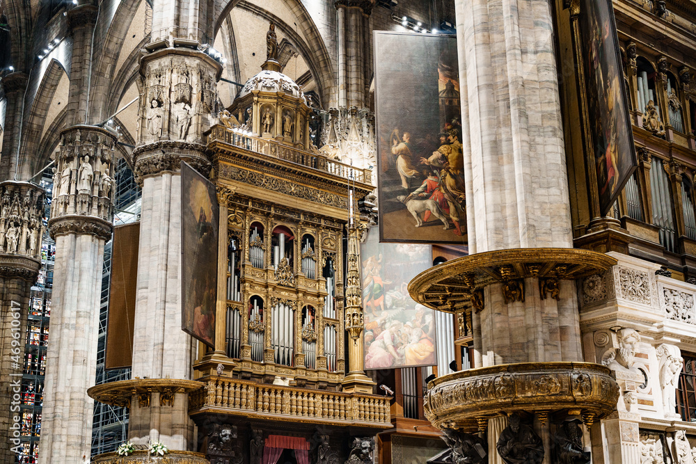 Ancient organ inside the Duomo. Milan, Italy