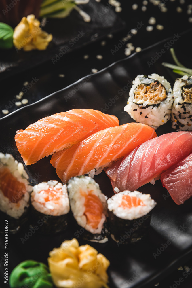 Perfect Sushi Japanese Asian Seafood Food Dish Menu Gourmet Restaurant Chef on Dark Background
Perfect Sushi Japanese Asian Seafood Food Dish Menu Gourmet Restaurant Chef on Dark Background