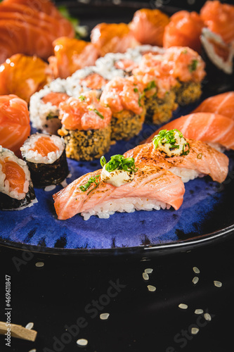 Perfect Sushi Japanese Asian Seafood Food Dish Menu Gourmet Restaurant Chef on Dark Background
