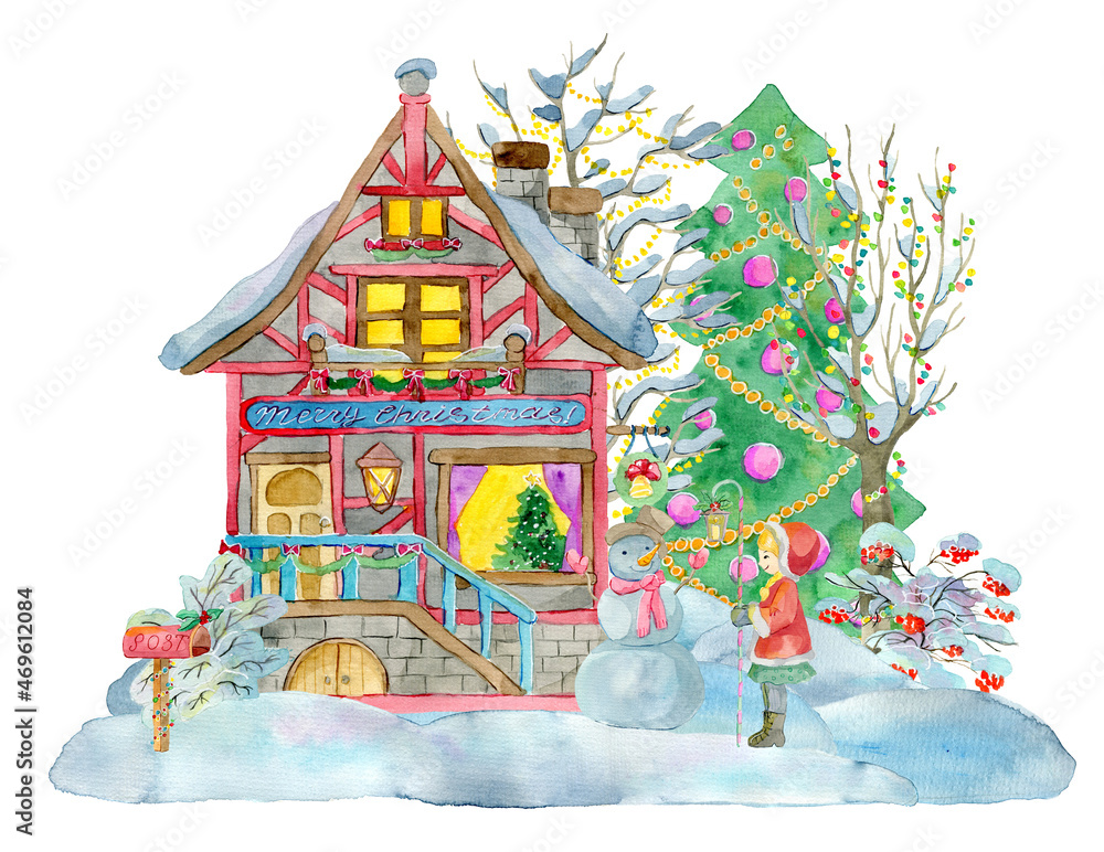 Watercolor illustration with little girl holding lantern, beautiful cottage house, decorated conifer isolated on white.