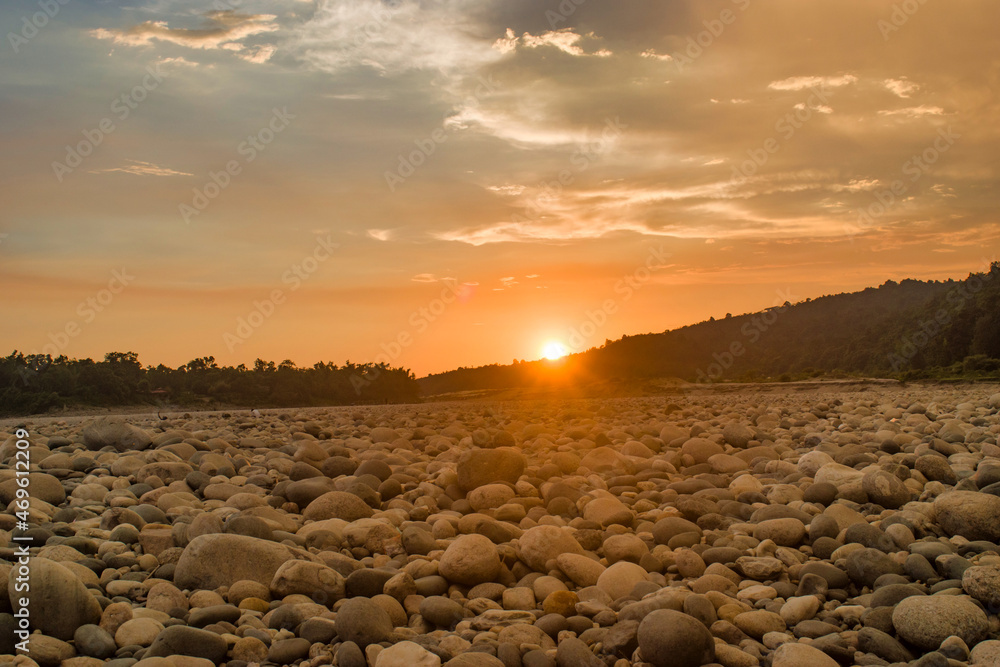 Obraz premium Beautiful riverside view with stone. Natural Landscape Wallpaper.