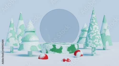 3D ice podium display and christmas tree.Winter landscape background for product presentation.Minimal pedestal showcase.3D rendering illustration.