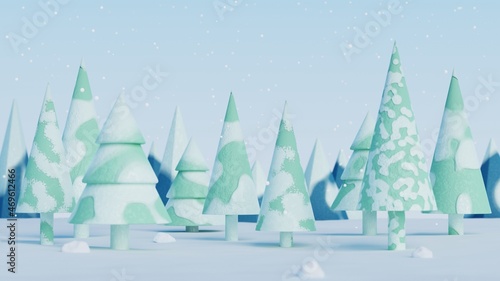 3D christmas tree and mountains with snowfall.Winter landscape background for merry christmas and happy new year presentation.3D rendering illustration.