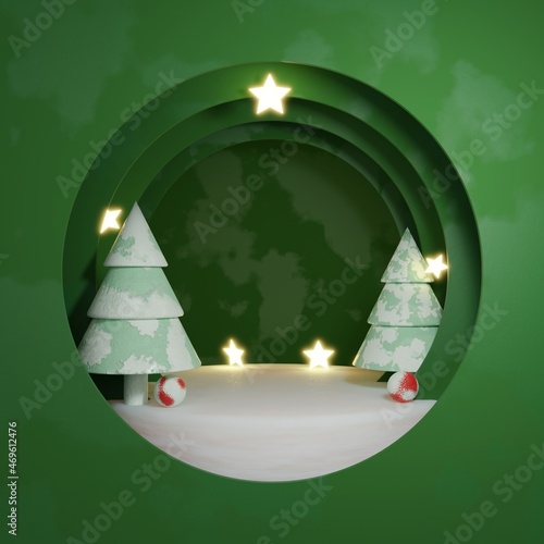 3D ice podium display and christmas tree.Winter landscape background for product presentation.Minimal pedestal showcase.Paper cut style.3D rendering illustration.