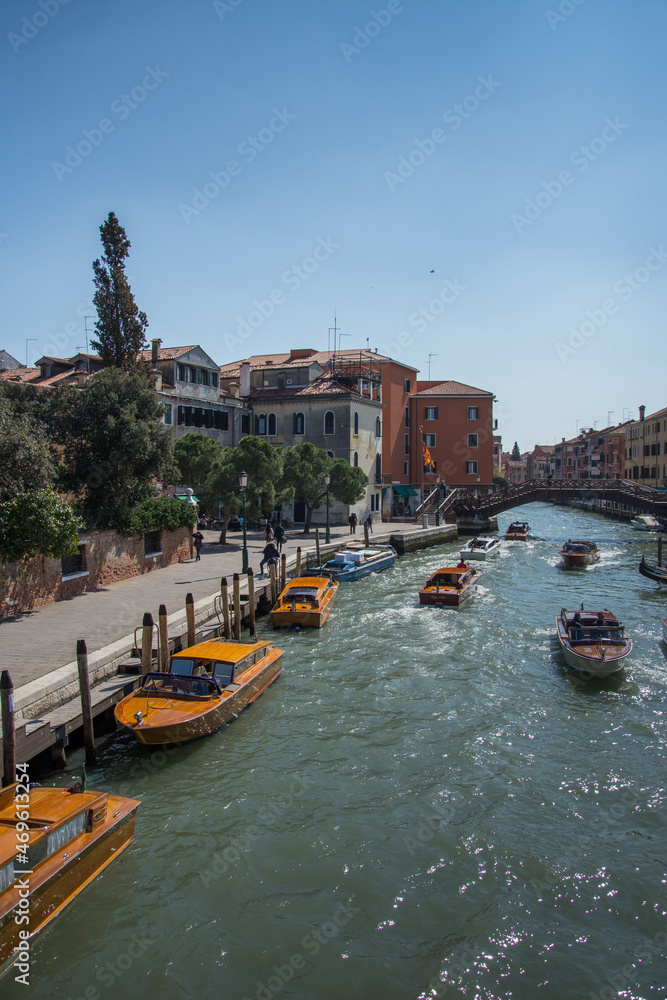 Venice, Italy 2019 boats near the docking stations on the canal
