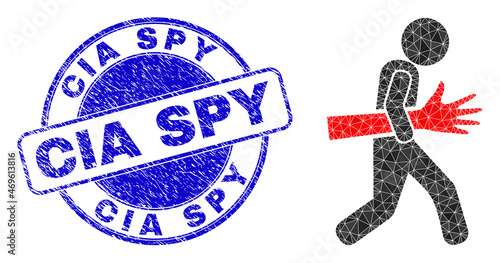 Low-Poly triangulated maneken hand robber symbol illustration, and CIA Spy dirty seal print. Blue seal contains CIA Spy title inside round it. Maneken hand robber icon is filled with triangle mosaic. photo