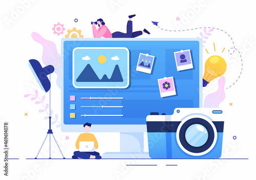 Wallpaper Mural Photographer Flat Design Background with Camera, Digital Film Equipment Technology and Picture Person in Cartoon Style Vector Illustration Torontodigital.ca