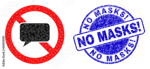 Lowpoly polygonal stop chat symbol illustration, and No Masks! grunge seal print. Blue seal has No Masks! tag inside circle form. Stop chat icon filled with triangles.