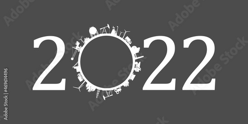 2022 year number with industrial icons around zero digit.