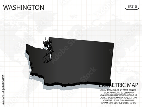 3D Map black of Washington on world map background .Vector modern isometric concept greeting Card illustration eps 10.
