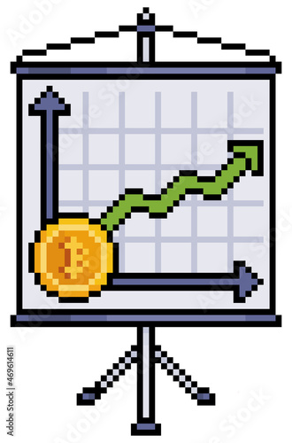 Pixel art board with bitcoin graphic. Cryptocurrency price analysis. Finance presentation banner. 8bit vector on white background 