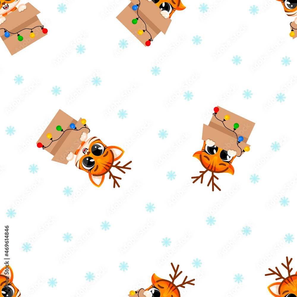 Naklejka premium Seamless pattern of cute New Year's tiger cubs in box with garlands, symbol of the new 2022 on white background. Christmas. Vector illustration for postcard, banner, decor, design, art, calendar.