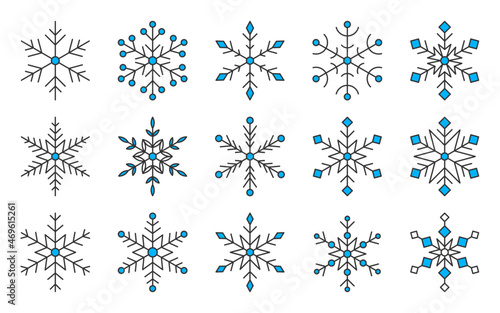 Snowflake frosty winter snow element flat set. Party pattern xmas room decoration photo decor object window fabric clothing. Doodle greeting card advertising website icon app weather widget isolated