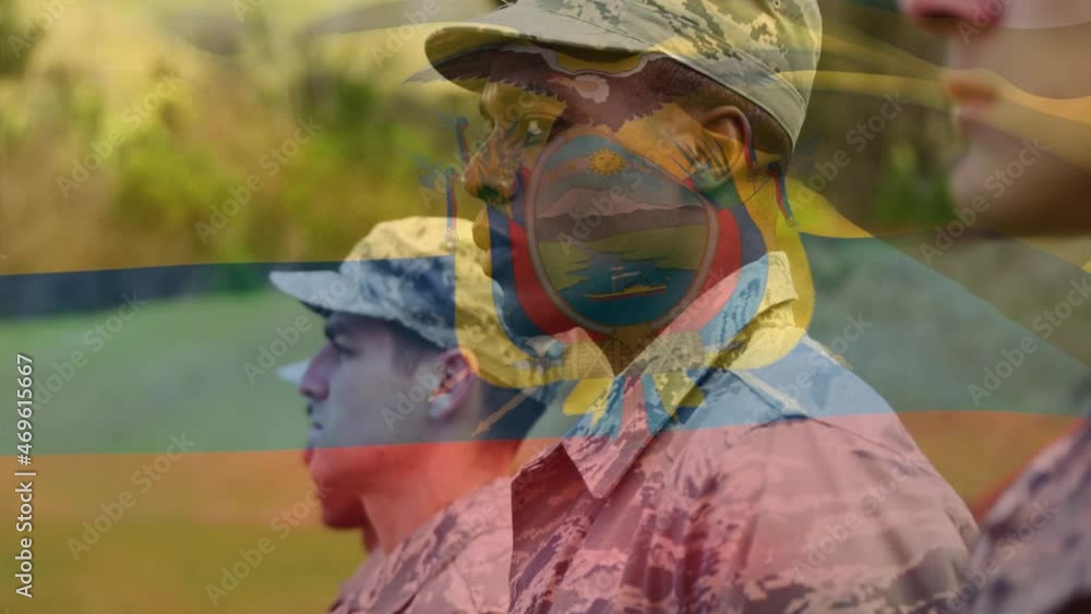 Animation of flag of ecuador over diverse male soldiers in uniform