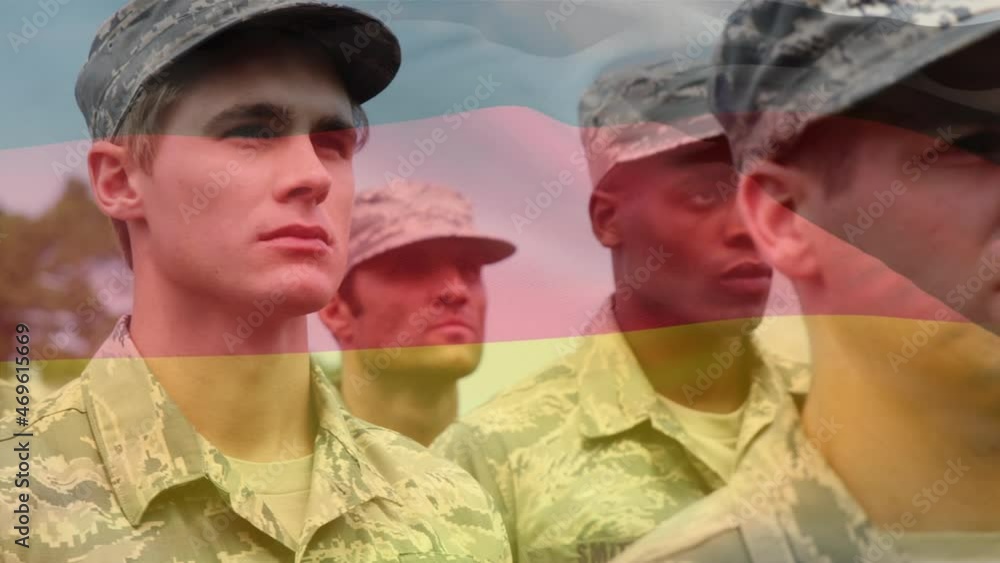 Animation of flag of ecuador over diverse male soldiers in uniform Animation of flag of ecuador over diverse male soldiers in uniform