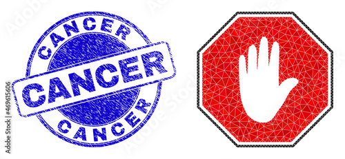 Low-Poly triangulated stop octagon hand 2d illustration with Cancer dirty seal. Blue stamp seal includes Cancer tag inside round shape. Stop octagon hand icon is filled using triangle mosaic.