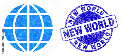 Lowpoly polygonal globe symbol illustration, and NEW WORLD grunge seal imitation. Blue stamp seal includes New World text inside round it. Globe icon is filled using triangle mosaic.