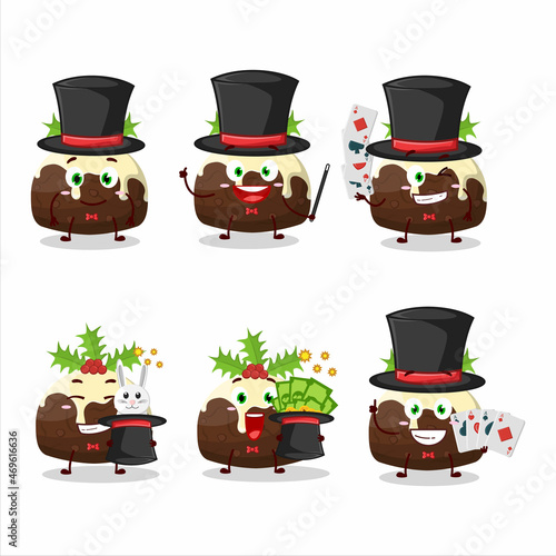 A pudding cake christmas Magician cartoon character perform on a stage