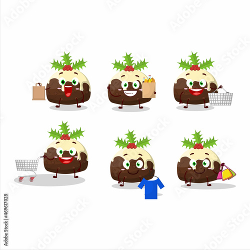 A Rich pudding cake christmas mascot design style going shopping