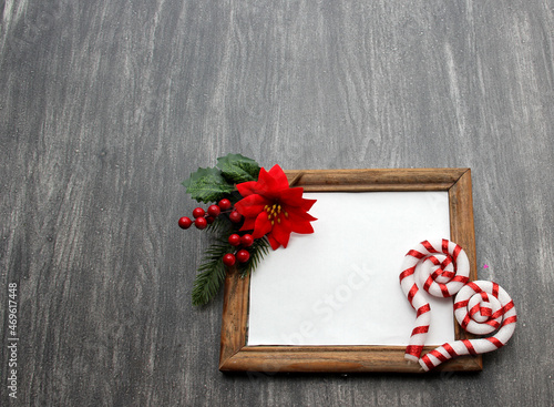 Christmas sticks as a frame for a message of happiness and good wishes together with the Mexican flower Red Poinsettia 
