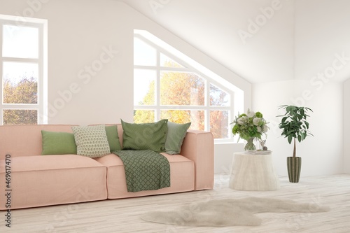 Stylish room in white color with sofa and autumn landscape in window. Scandinavian interior design. 3D illustration