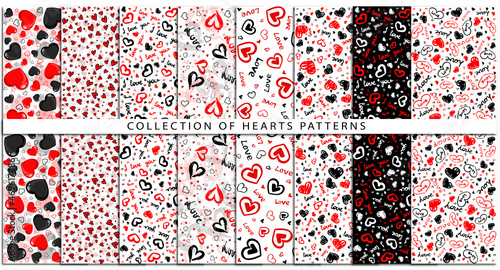 seamless pattern with hearts, collection set of hearts pattern, i love you lettering, in red and black color, drawn 