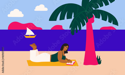 Illustration of woman reading book at the beach