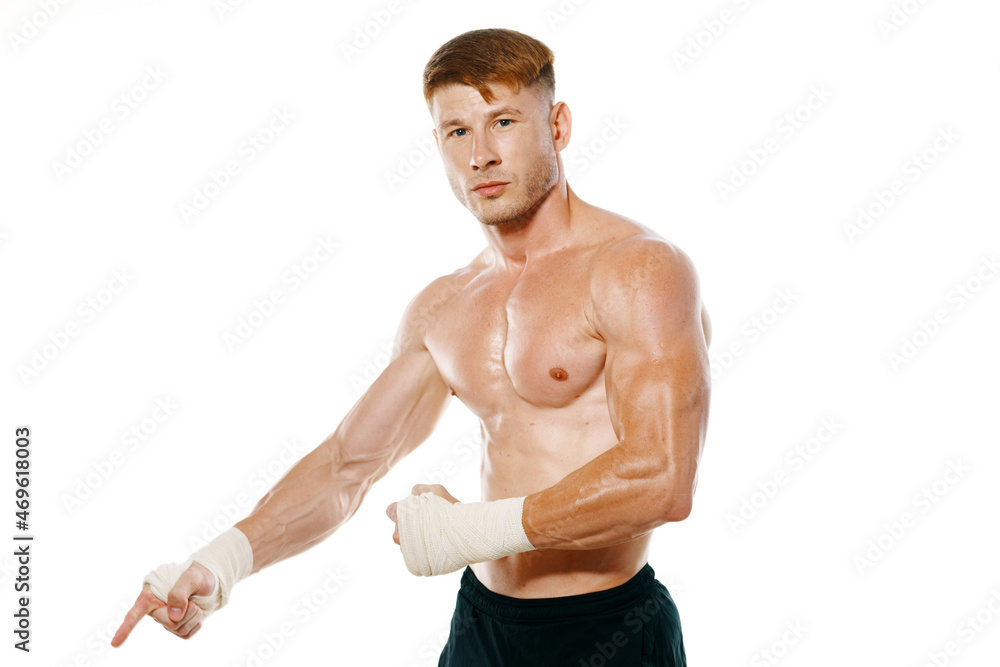 athletic male muscled naked torso boxer fitness exercise bandaged arm