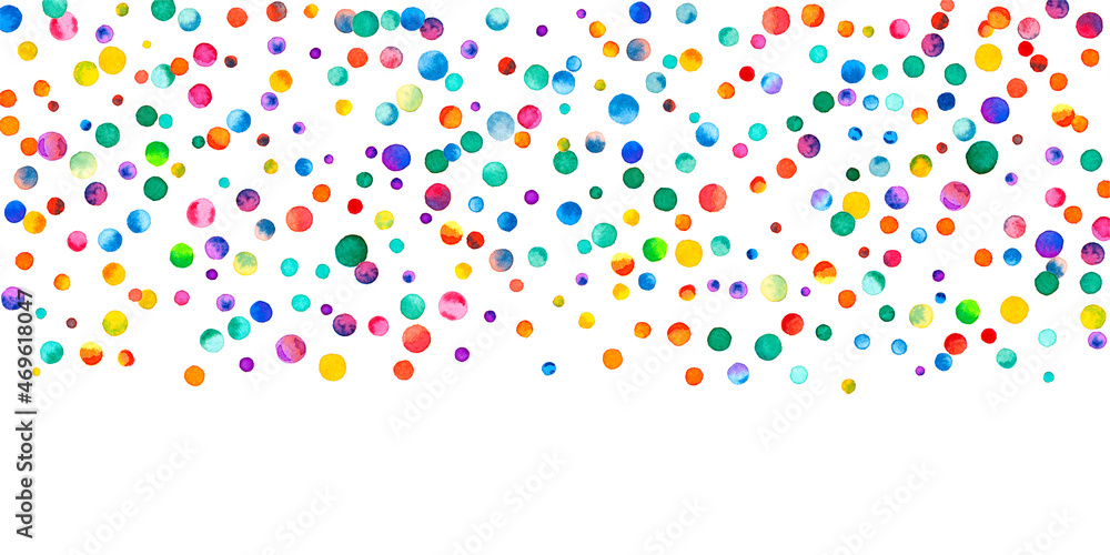 Obraz premium Watercolor confetti on white background. Alluring rainbow colored dots. Happy celebration wide colorful bright card. Positive hand painted confetti.
