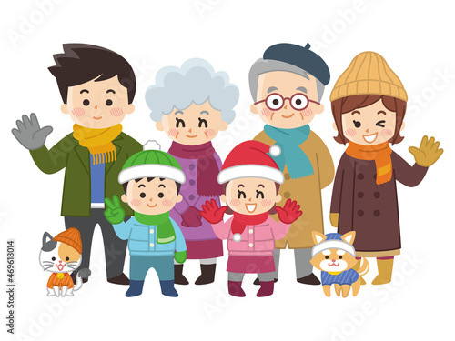 冬服を着た家族とペット 冬