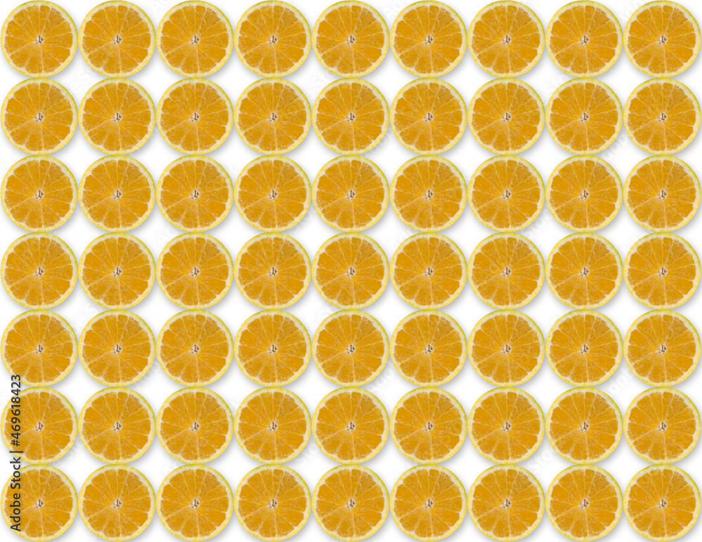 Half cut oranges (Citrus x sinensis) arranged in rows, square-shaped, full area. Half cut oranges (Citrus x sinensis) arranged in rows, square-shaped, full area.