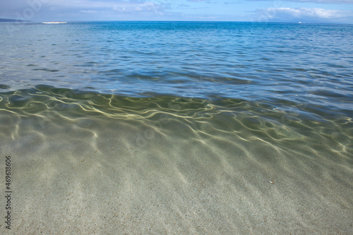 Tropical beach background. Sandy beach with calm wave of turquoise ocean. Maldives  perfect scenery landscape  copy space.