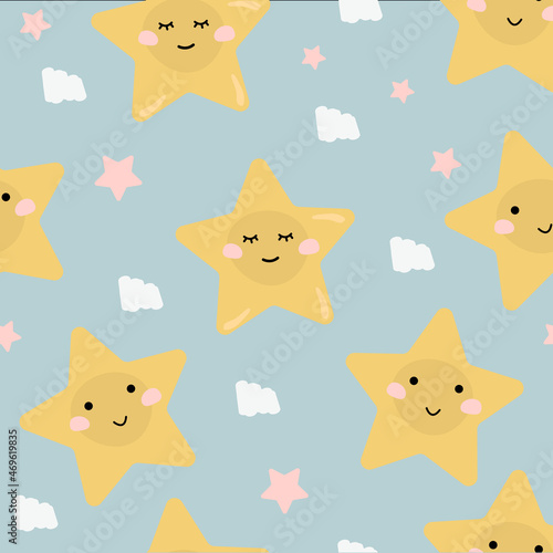 Vector kid little star and moon with cloud on blue background