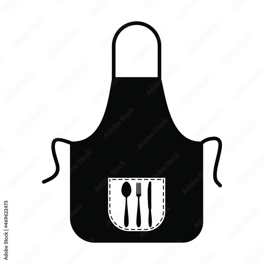 Apron with fork spoon and knife, black sign for design on a white background, vector illustration Apron with fork spoon and knife, black sign for design on a white background, vector illustration