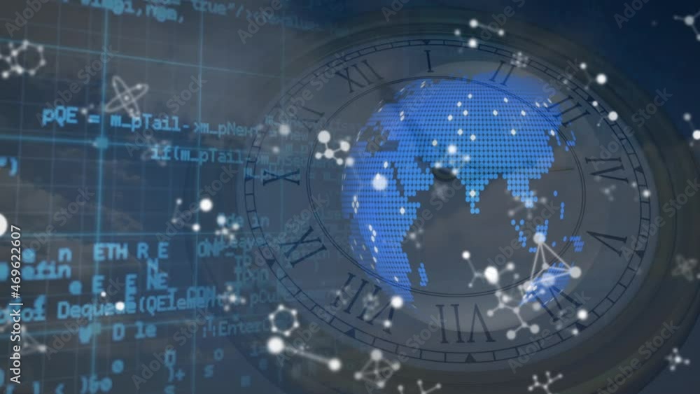 Animation of molecules and globe over data processing and clock Animation of molecules and globe over data processing and clock