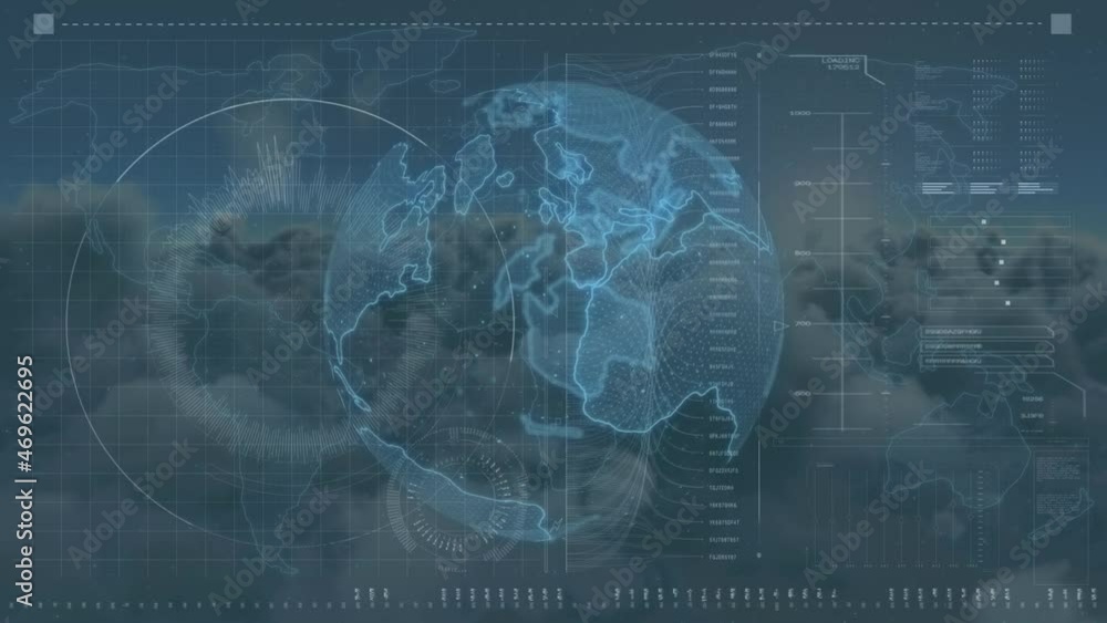 Animation of globe and data processing over sky Animation of globe and data processing over sky