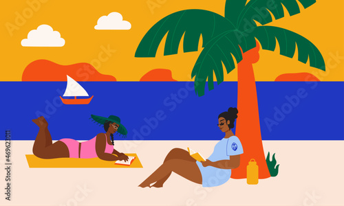 Illustration of two women reading at the beach