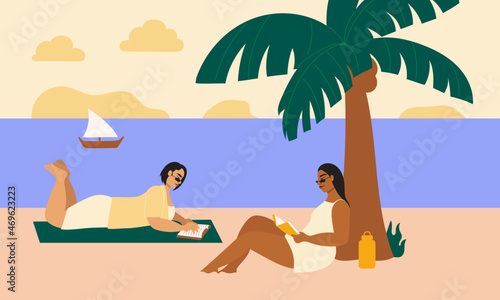 Illustration of two women reading at the beach