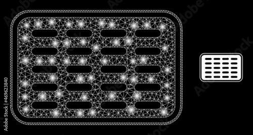 Glossy polygonal mesh web pills blister icon with glare effect on a black background. Network pills blister iconic vector with glowing spheres in bright colors.