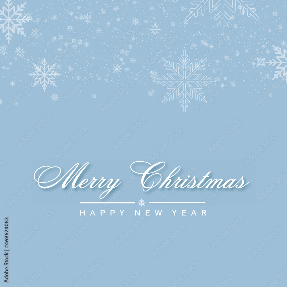Merry Christmas and Happy New Year card with falling snowflakes on blue sky, Vector
