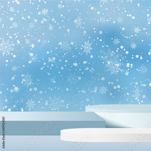 Merry Christmas and Happy New Year card with white podium on blue sky, Vector