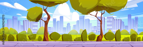 City park with green lawn, bushes, trees, stone walkway and town buildings on skyline. Vector cartoon illustration of summer landscape with road, field and houses on horizon
