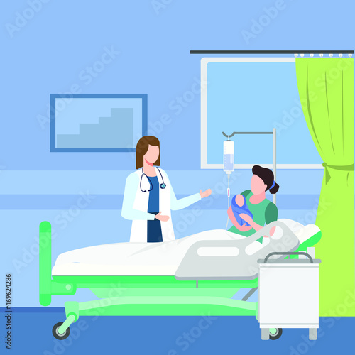 Doctor gives spirit to mother carrying baby her newborn child. After labor in hospital. Medical performing cesarean sections
