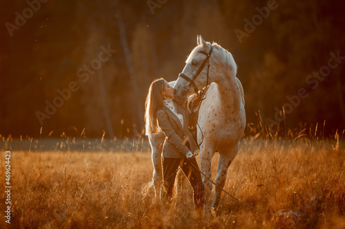 Beautiful young woman in English hunter wear style with Knabstrupper horse and Irish setter at autumn park