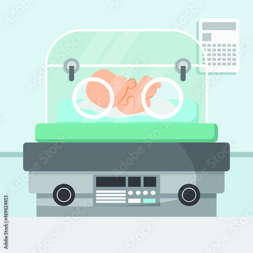 Premature baby sleeping in glass incubator box. Baby nursery. Colorful vector illustration in flat cartoon style